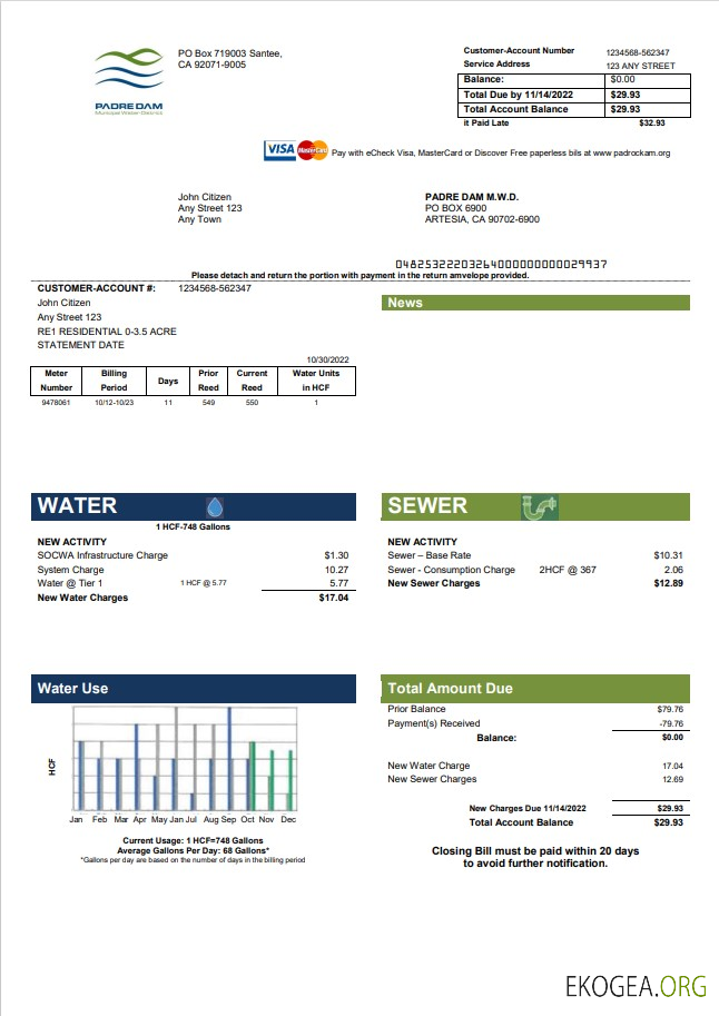 USA California Padredam utility bill template in Word and PDF format